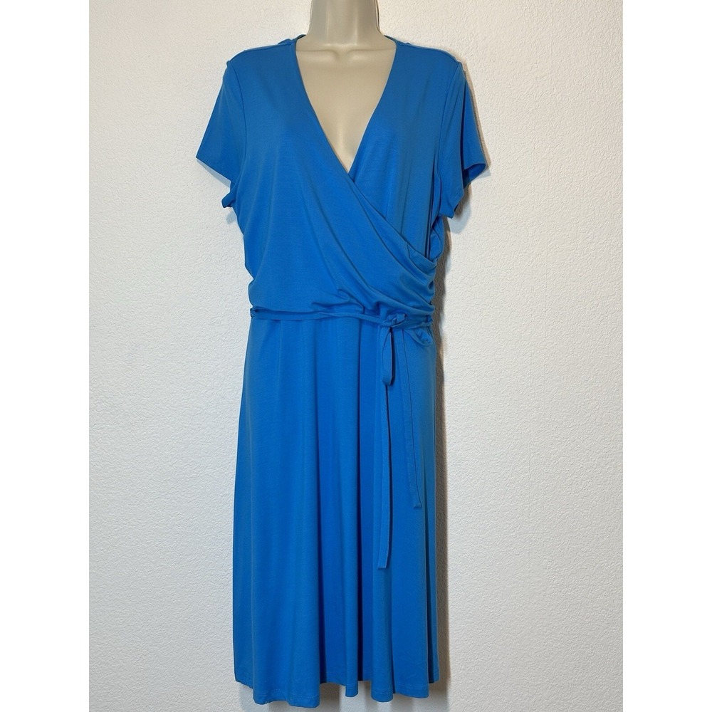 Lands End Faux Wrap Aqua Blue Short Sleeve Knit Dress Womens Sz 14-16